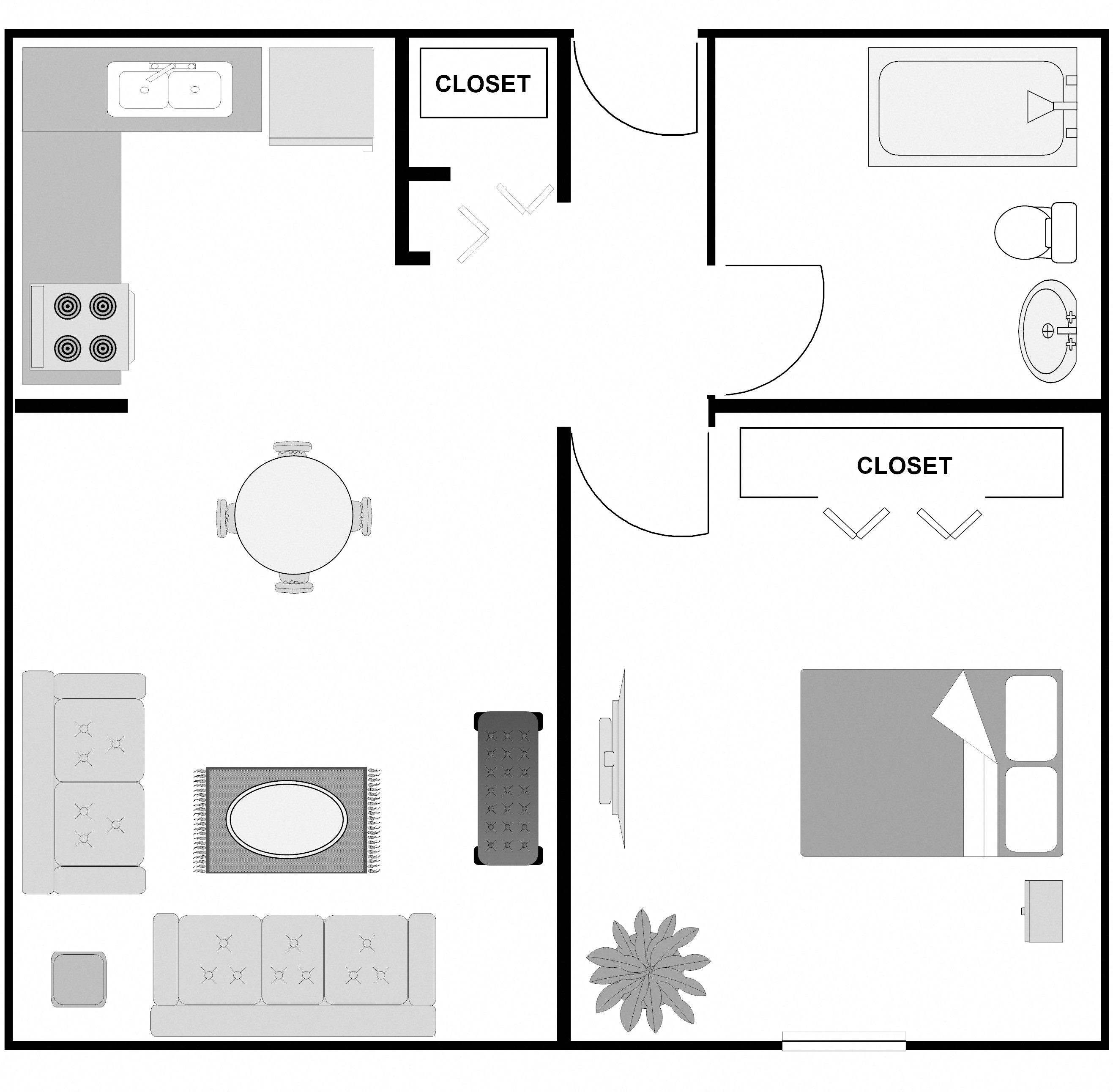 445 square foot, one bedroom apartment with living room, kitchen, bathroom